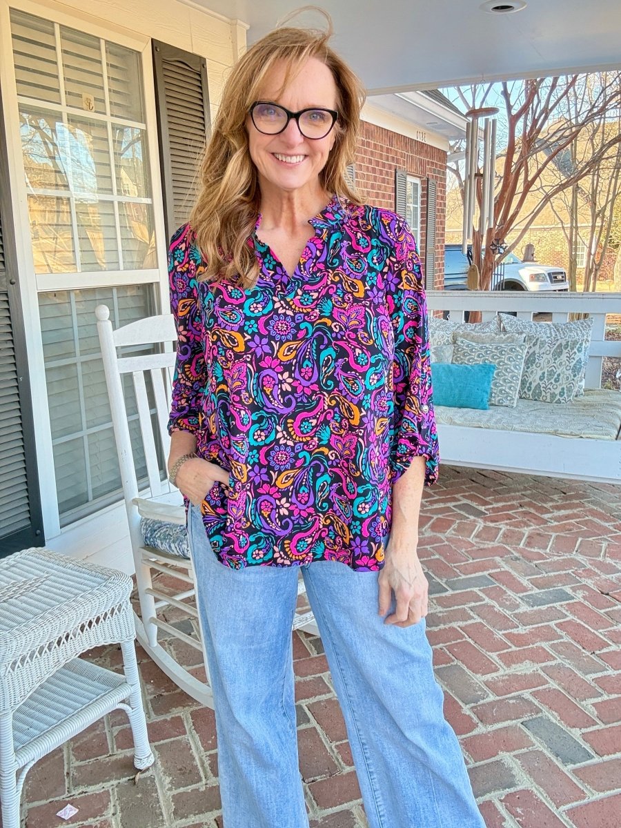 Lizzy Paisley Power Top - Navy | Dear Scarlett - Jimberly's Boutique - Olive Branch - Mississippi