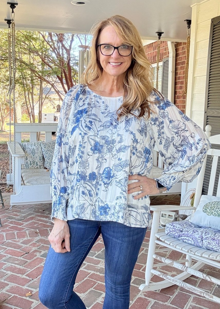 Lurex Floral Print Top - Blue | Umgee - Umgee Top - Jimberly's Boutique - Olive Branch - Mississippi