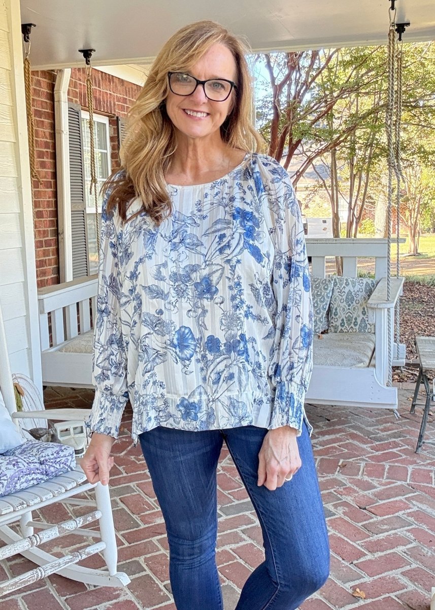 Lurex Floral Print Top - Blue | Umgee - Umgee Top - Jimberly's Boutique - Olive Branch - Mississippi