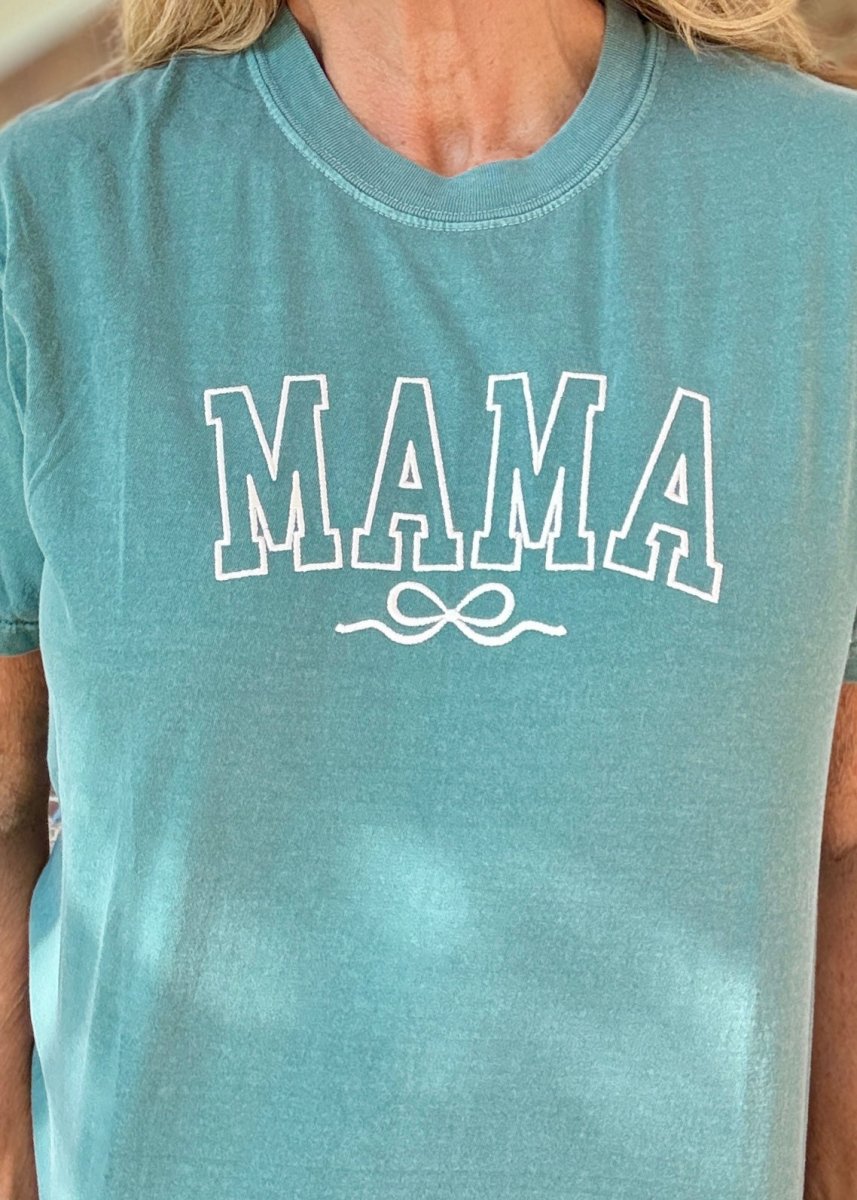 MAMA w/Bow | Green w/Cream Embroidered - Embroidered Comfort Colors - Jimberly's Boutique - Olive Branch - Mississippi