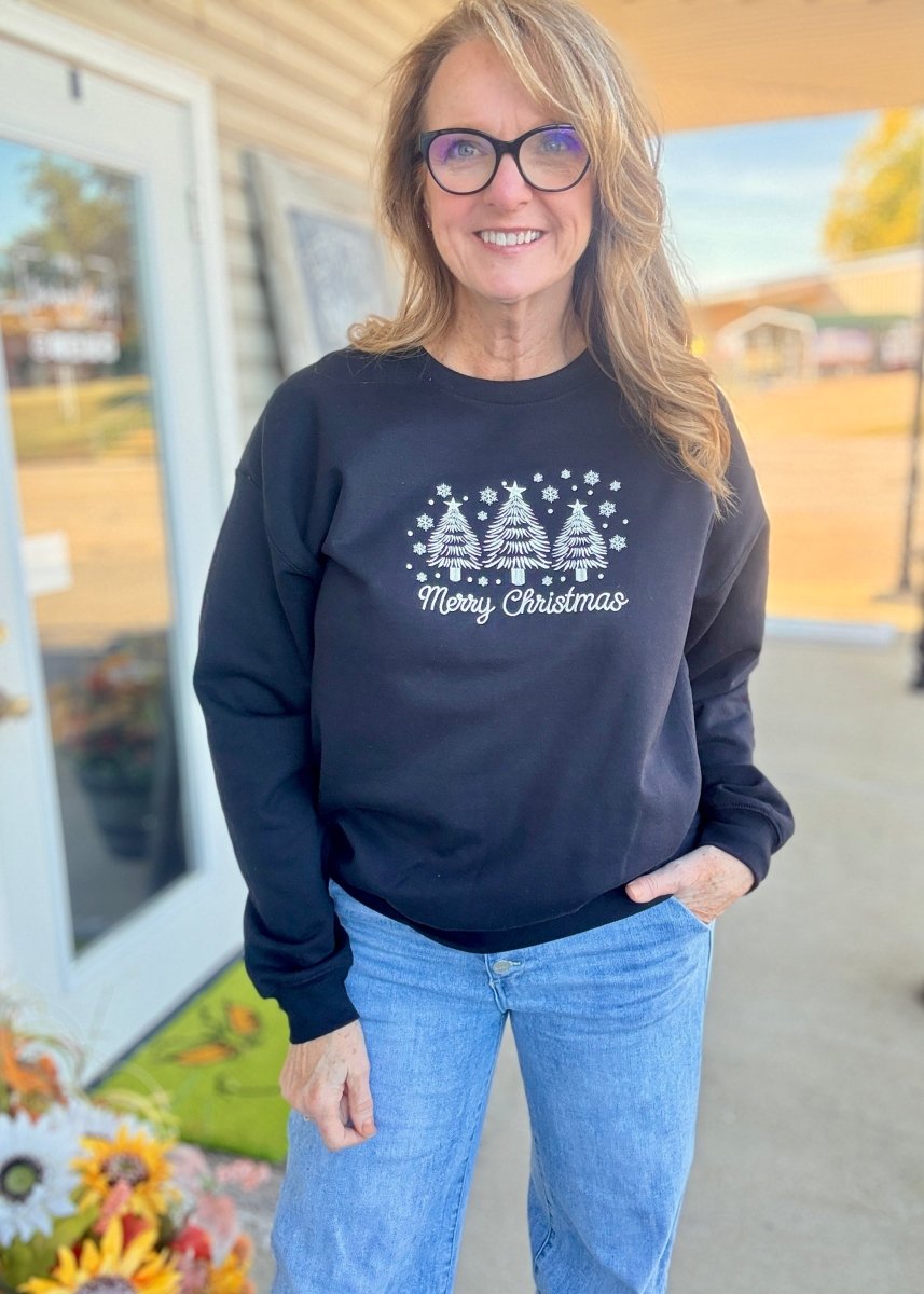 Merry Christmas Trees & Snow Embroidered Sweatshirt - Embroidered Sweatshirt - Jimberly's Boutique - Olive Branch - Mississippi