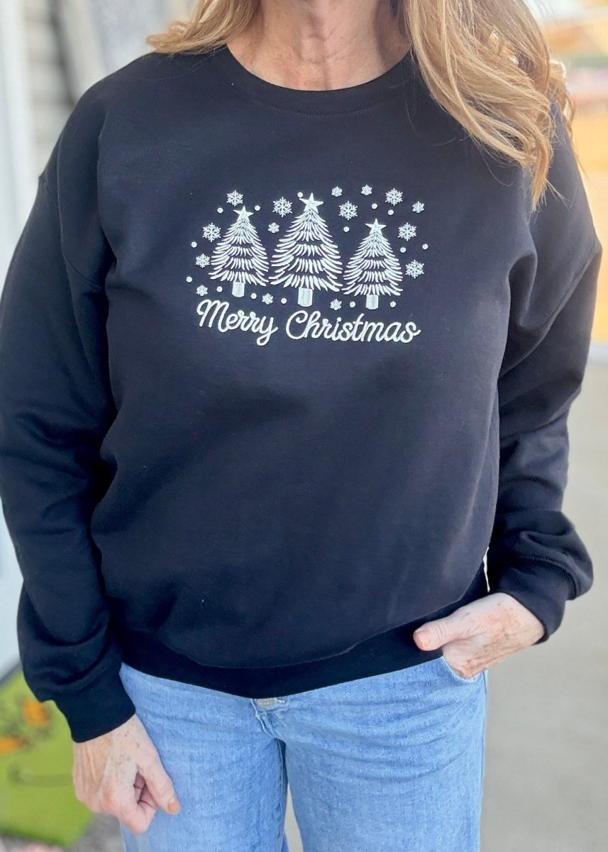 Merry Christmas Trees & Snow Embroidered Sweatshirt - Embroidered Sweatshirt - Jimberly's Boutique - Olive Branch - Mississippi