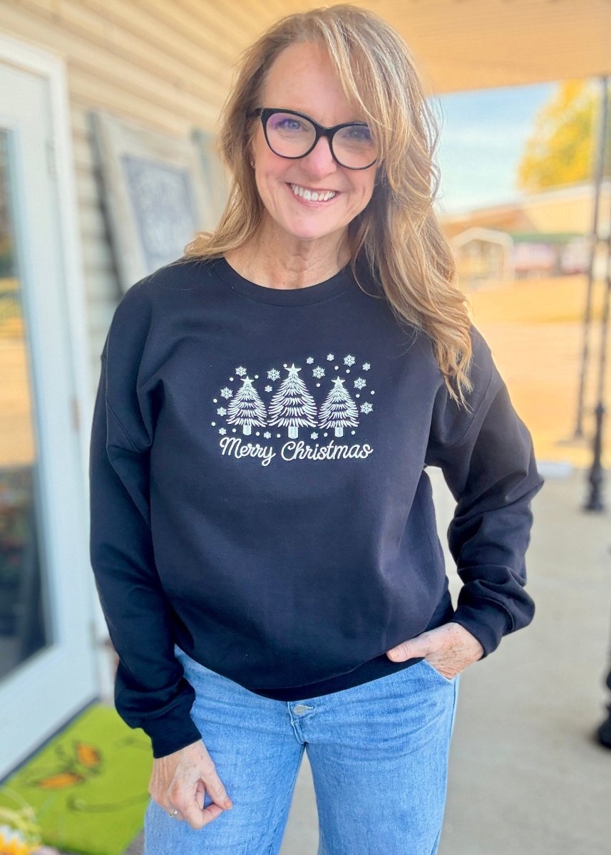 Merry Christmas Trees & Snow Embroidered Sweatshirt - Embroidered Sweatshirt - Jimberly's Boutique - Olive Branch - Mississippi