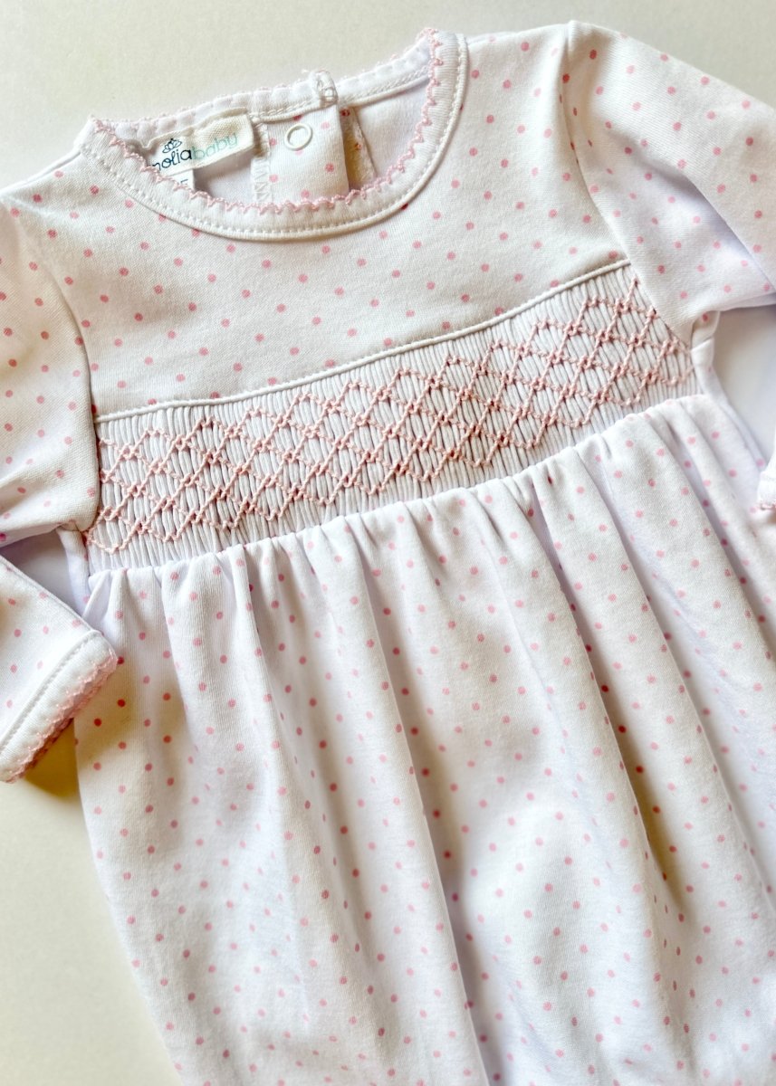 Mini Dots Smocked Footie - Pink | Magnolia Baby - baby gown - Jimberly's Boutique - Olive Branch - Mississippi