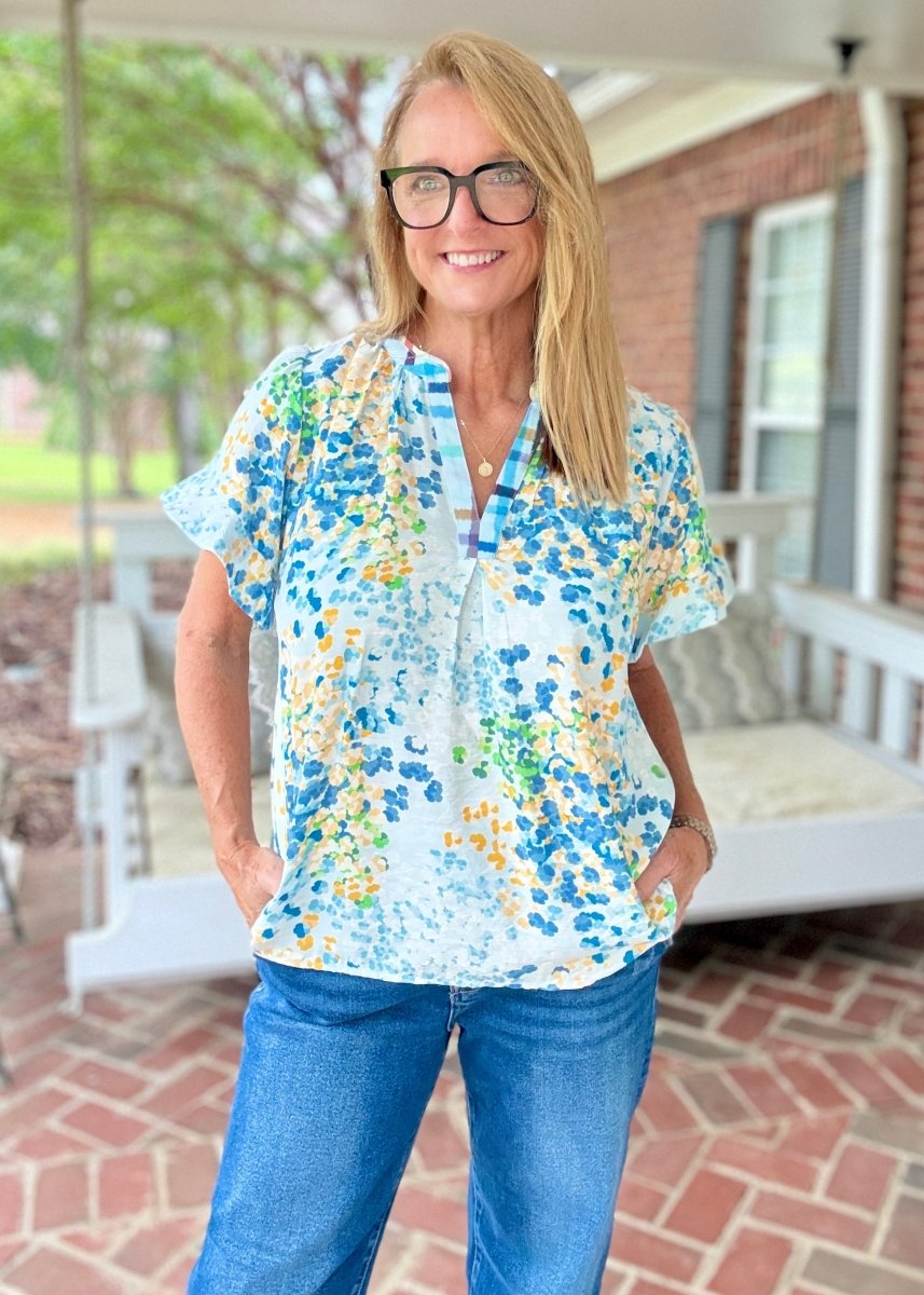 Mix Media Flutter Sleeve Top - Blue | Umgee - Umgee Top -Jimberly's Boutique-Olive Branch-Mississippi