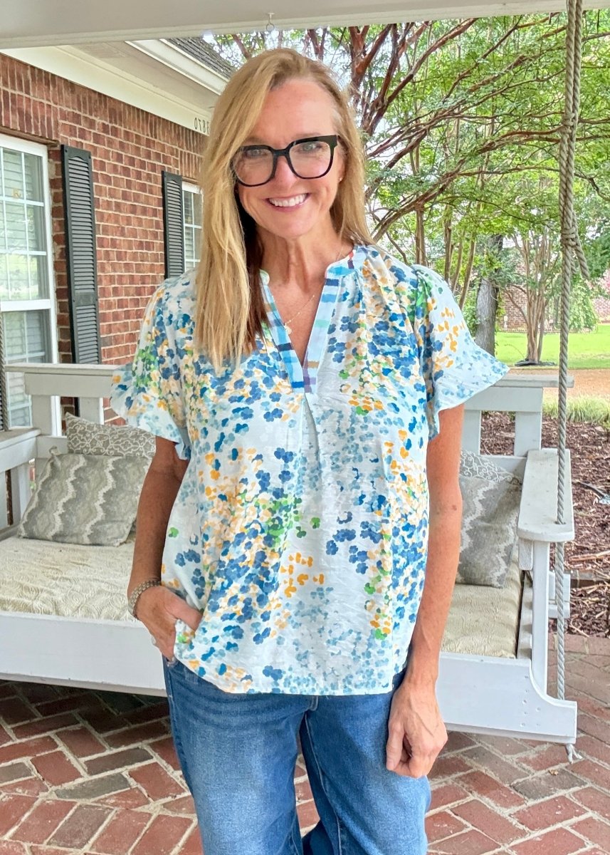 Mix Media Flutter Sleeve Top - Blue | Umgee - Umgee Top -Jimberly's Boutique-Olive Branch-Mississippi