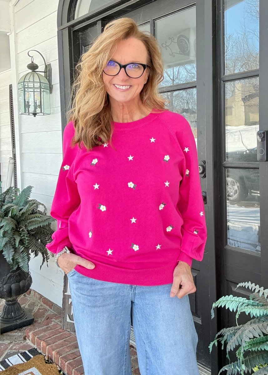 Mixed Embroidery Sweater - Hot Pink - sweater - Jimberly's Boutique - Olive Branch - Mississippi