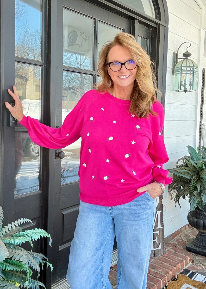 Mixed Embroidery Sweater - Hot Pink - sweater - Jimberly's Boutique - Olive Branch - Mississippi