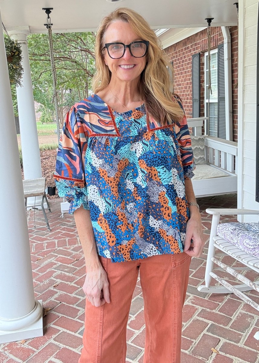 Mixed Print Top - Blue Mix | Umgee - Umgee Top -Jimberly's Boutique-Olive Branch-Mississippi