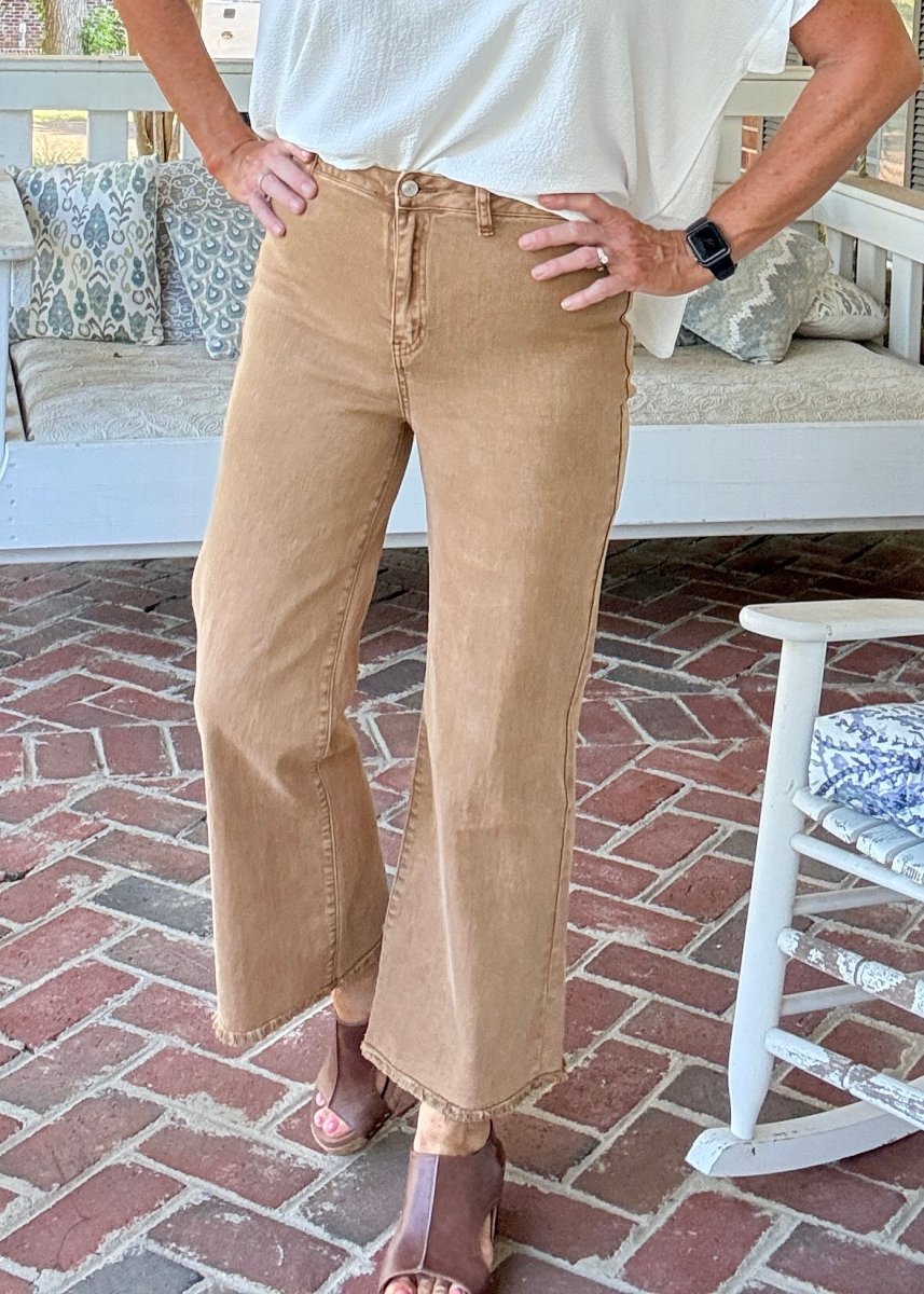 Mobile Acid Wash Straight Wide Pants - Deep Camel - colored jeans - Jimberly's Boutique - Olive Branch - Mississippi