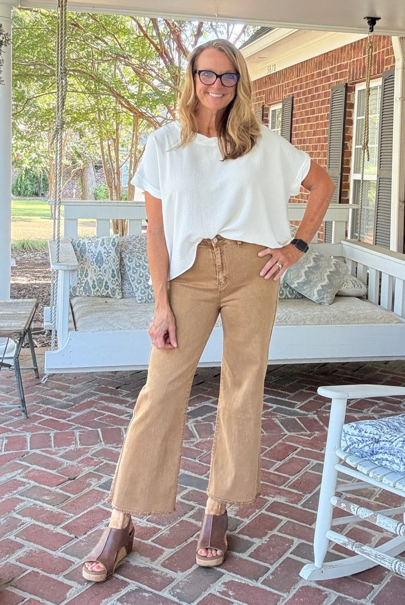 Mobile Acid Wash Straight Wide Pants - Deep Camel - colored jeans - Jimberly's Boutique - Olive Branch - Mississippi