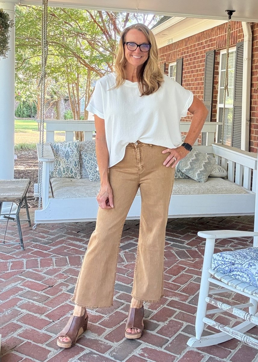 Mobile Acid Wash Straight Wide Pants - Deep Camel - colored jeans - Jimberly's Boutique - Olive Branch - Mississippi