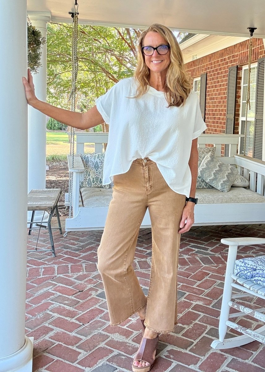 Mobile Acid Wash Straight Wide Pants - Deep Camel - colored jeans - Jimberly's Boutique - Olive Branch - Mississippi