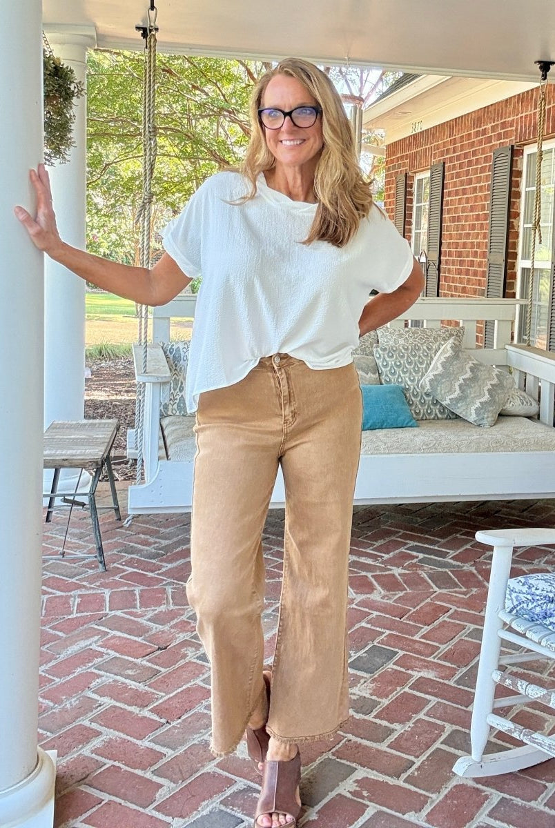 Mobile Acid Wash Straight Wide Pants - Deep Camel - colored jeans - Jimberly's Boutique - Olive Branch - Mississippi