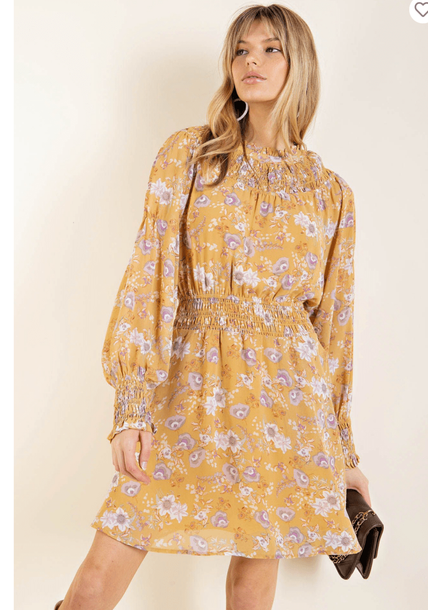 Mustard Floral Smocked Dress - dress - Jimberly's Boutique - Olive Branch - Mississippi