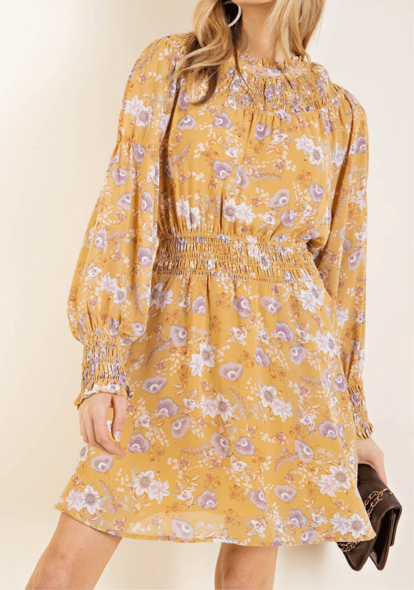 Mustard Floral Smocked Dress - dress - Jimberly's Boutique - Olive Branch - Mississippi