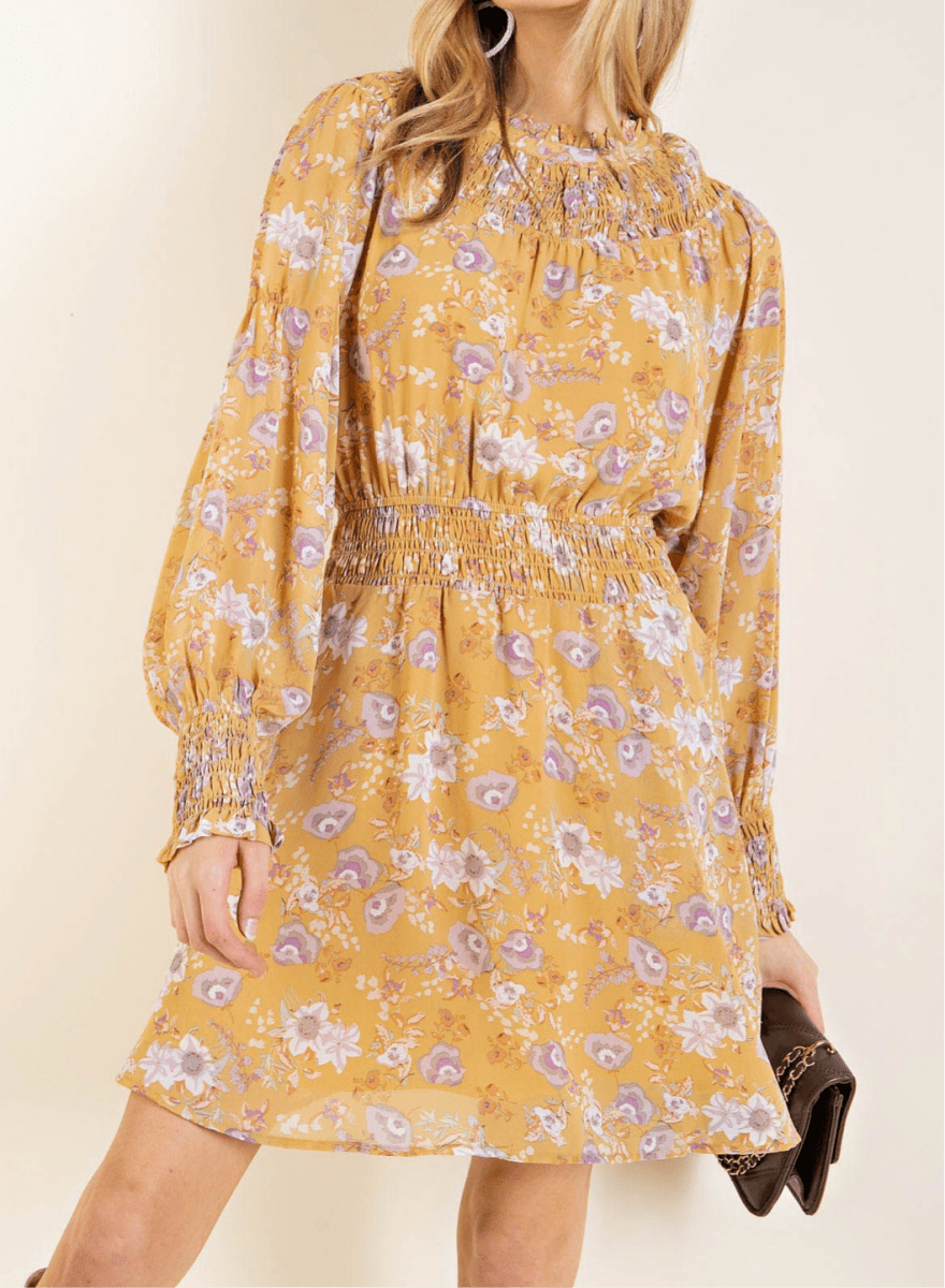 Mustard Floral Smocked Dress - dress - Jimberly's Boutique - Olive Branch - Mississippi