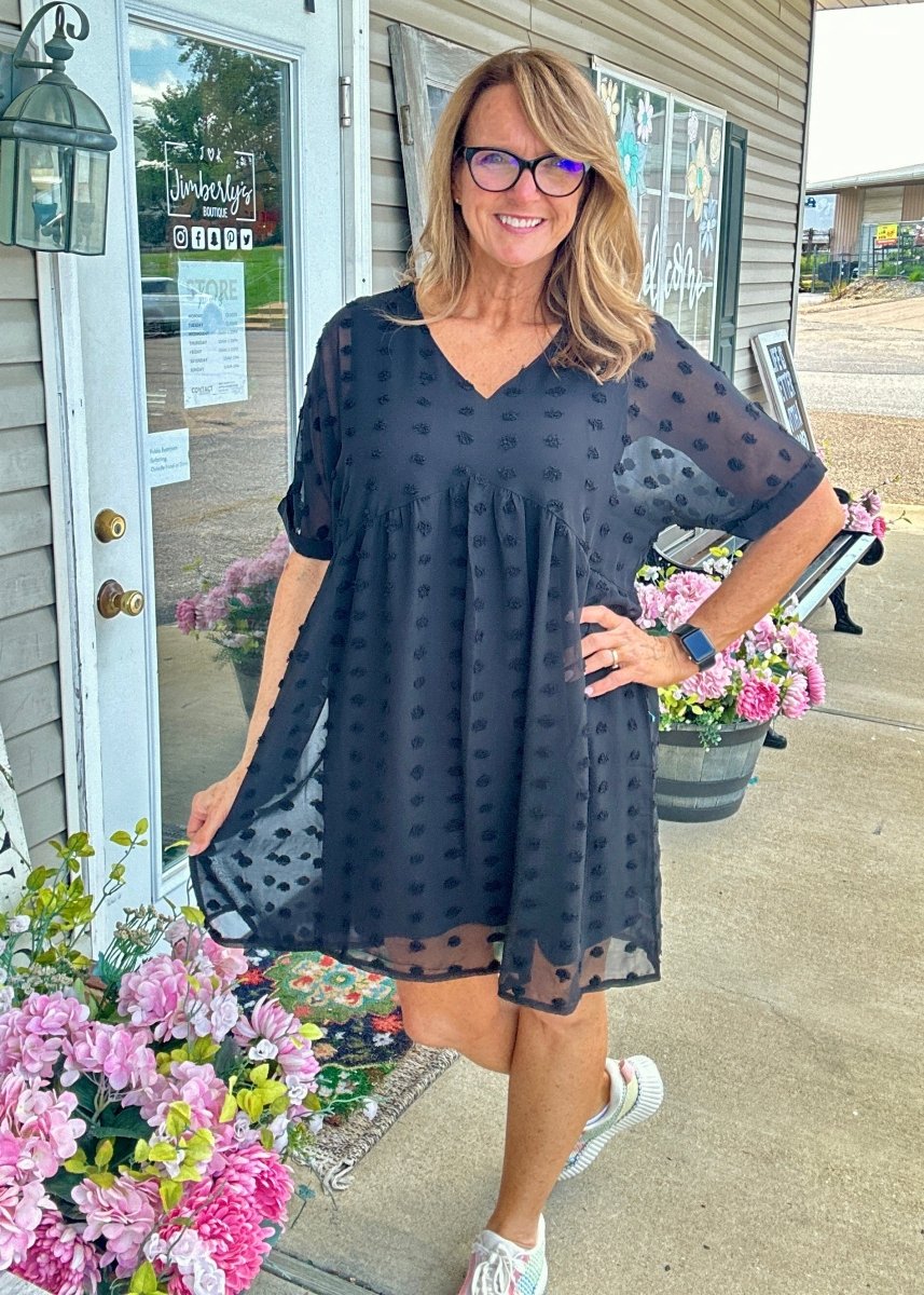 Nelma | Black | Swiss Dot | V Neck Babydoll Dress - Zenana Dress - Jimberly's Boutique - Olive Branch - Mississippi