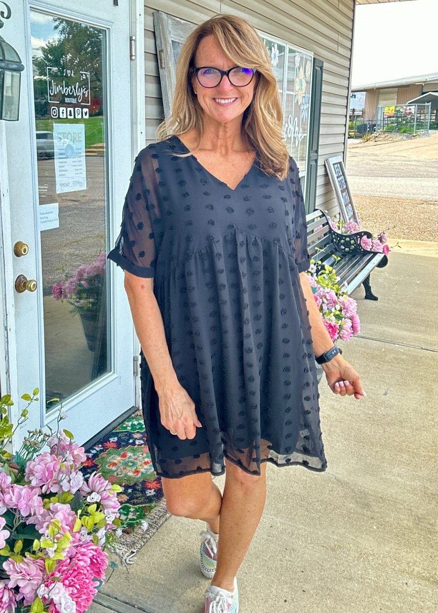 Nelma | Black | Swiss Dot | V Neck Babydoll Dress - Zenana Dress - Jimberly's Boutique - Olive Branch - Mississippi