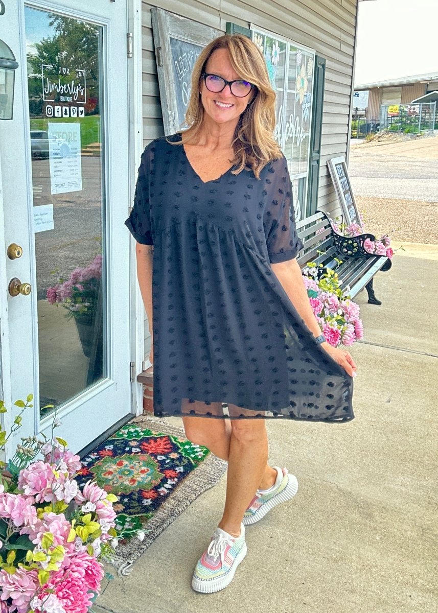 Nelma | Black | Swiss Dot | V Neck Babydoll Dress - Zenana Dress - Jimberly's Boutique - Olive Branch - Mississippi