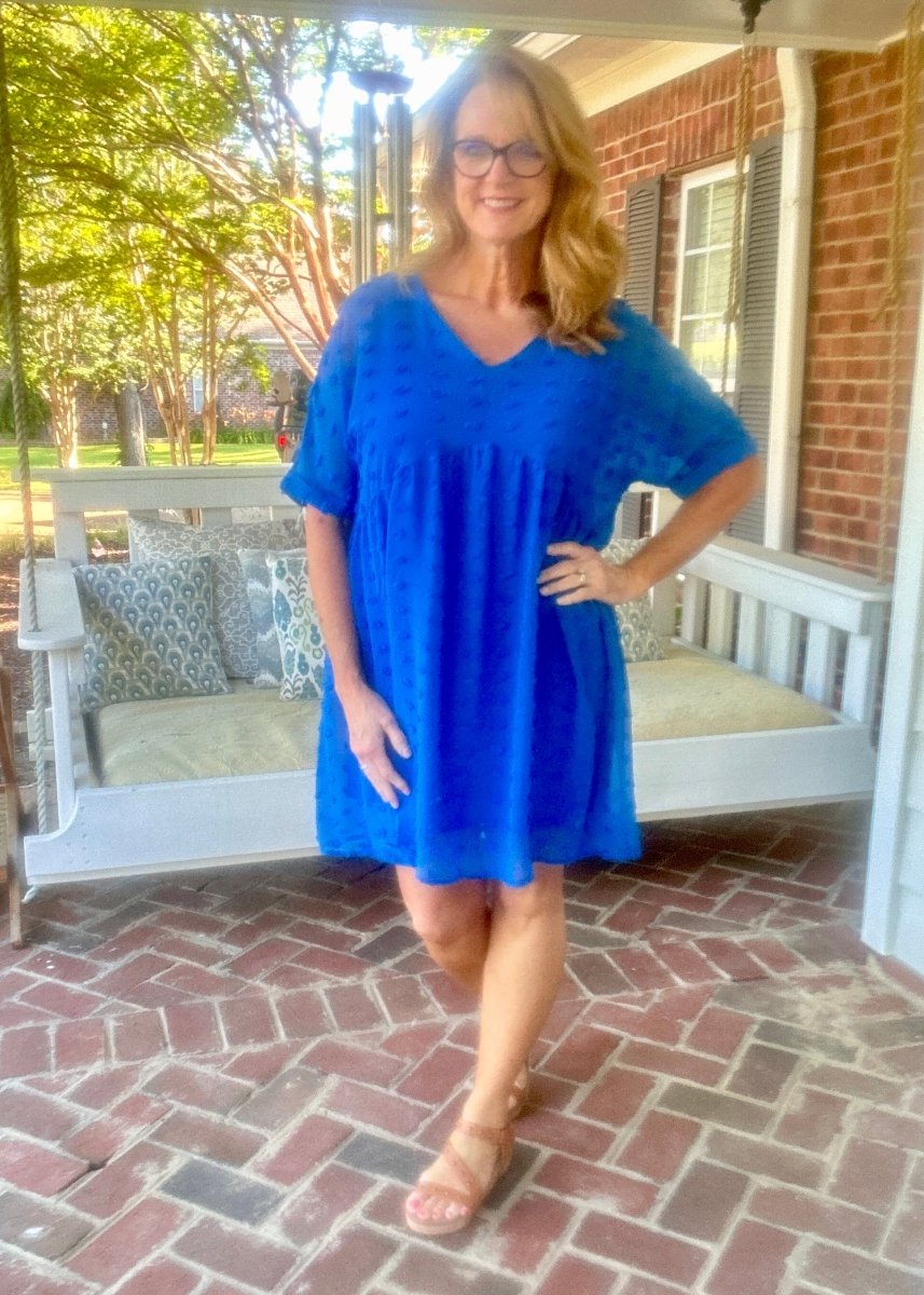 Nelma | Ocean Blue | Swiss Dot | V Neck Babydoll Dress - Zenana Dress - Jimberly's Boutique - Olive Branch - Mississippi