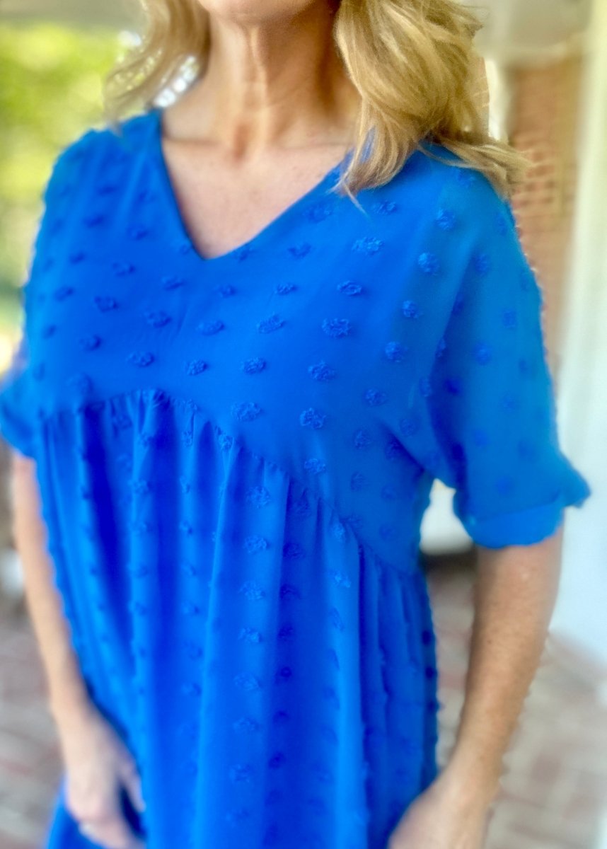 Nelma | Ocean Blue | Swiss Dot | V Neck Babydoll Dress - Zenana Dress - Jimberly's Boutique - Olive Branch - Mississippi
