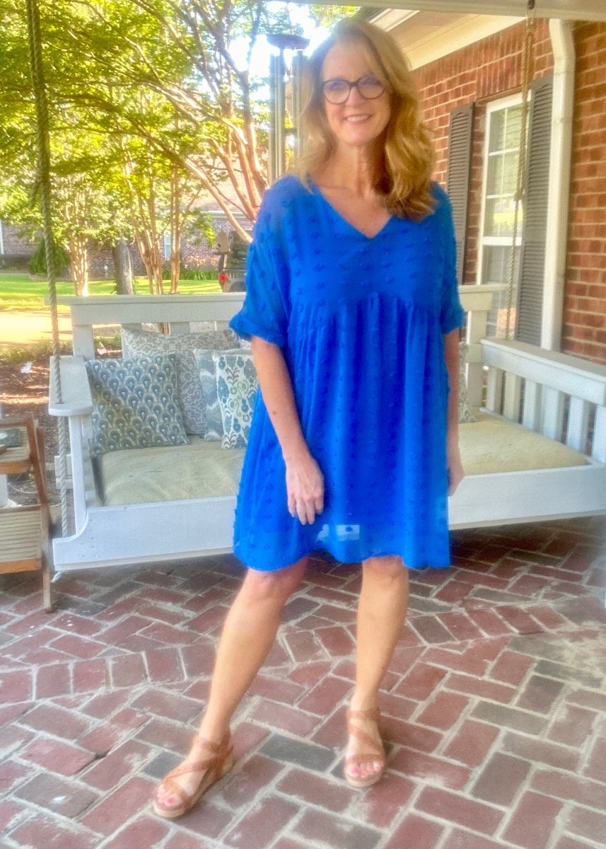 Nelma | Ocean Blue | Swiss Dot | V Neck Babydoll Dress - Zenana Dress - Jimberly's Boutique - Olive Branch - Mississippi