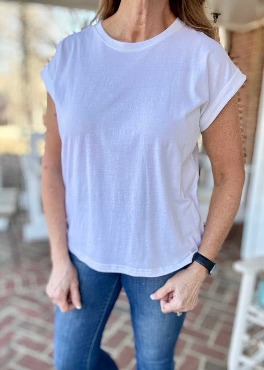 Not So Basic Folded Sleeve Top - White | Zenana - Casual Top - Jimberly's Boutique - Olive Branch - Mississippi