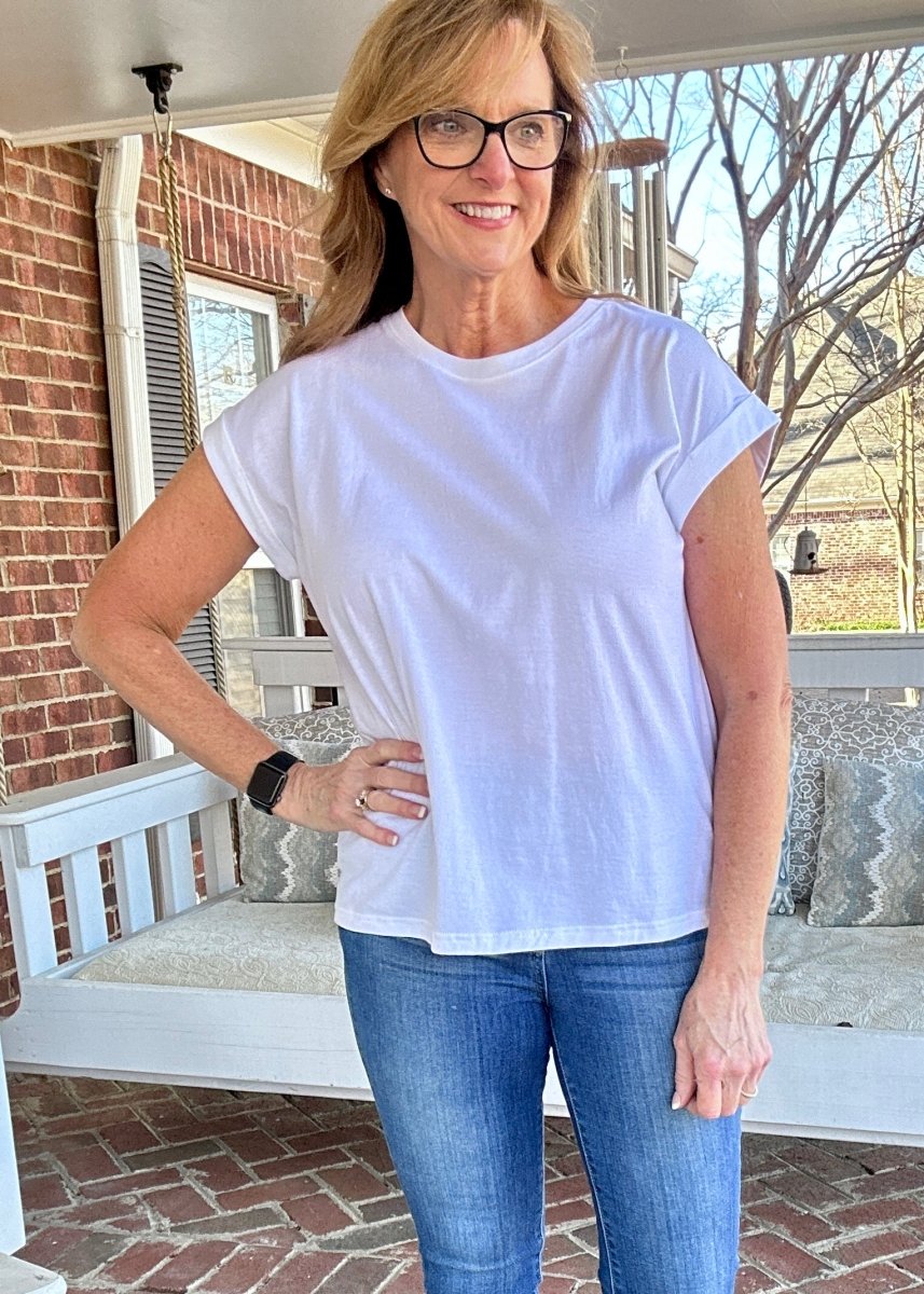 Not So Basic Folded Sleeve Top - White | Zenana - Casual Top - Jimberly's Boutique - Olive Branch - Mississippi