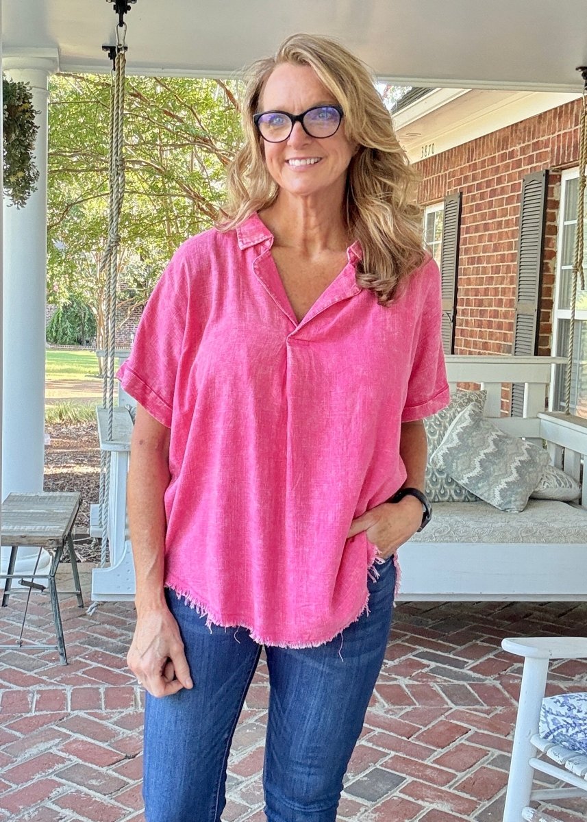 Nova Washed Linen V Neck Top - Fuchsia | Zenana - linen shirt - Jimberly's Boutique - Olive Branch - Mississippi