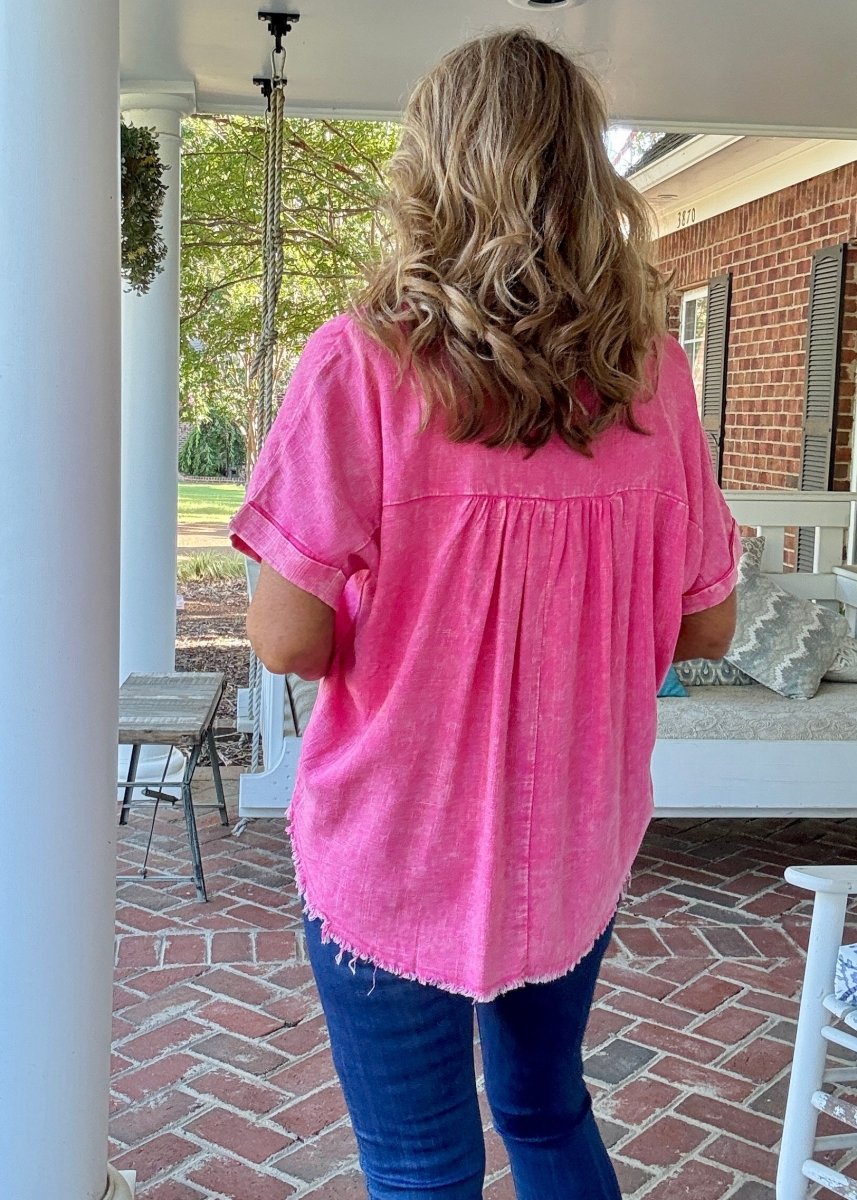 Nova Washed Linen V Neck Top - Fuchsia | Zenana - linen shirt - Jimberly's Boutique - Olive Branch - Mississippi