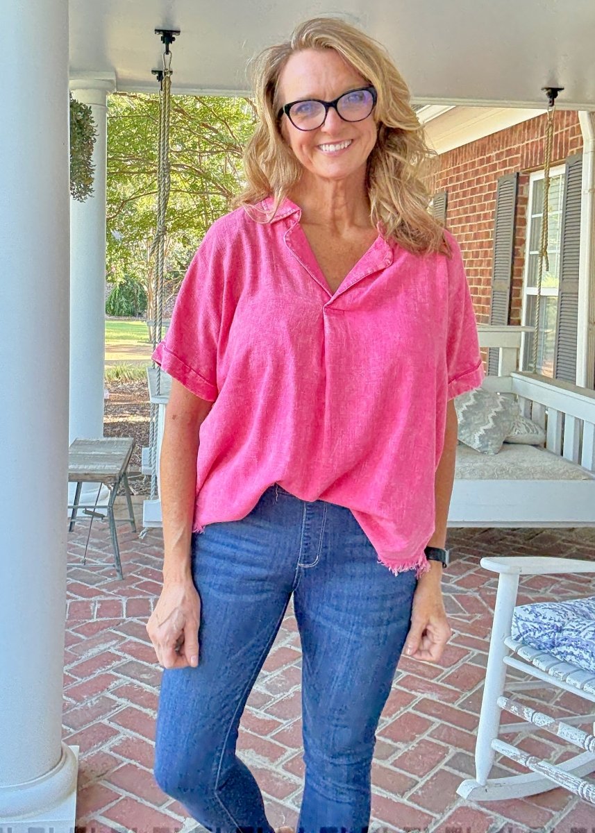 Nova Washed Linen V Neck Top - Fuchsia | Zenana - linen shirt - Jimberly's Boutique - Olive Branch - Mississippi