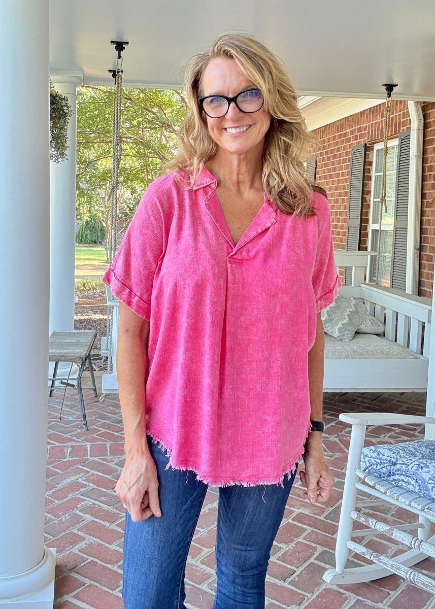 Nova Washed Linen V Neck Top - Fuchsia | Zenana - linen shirt - Jimberly's Boutique - Olive Branch - Mississippi
