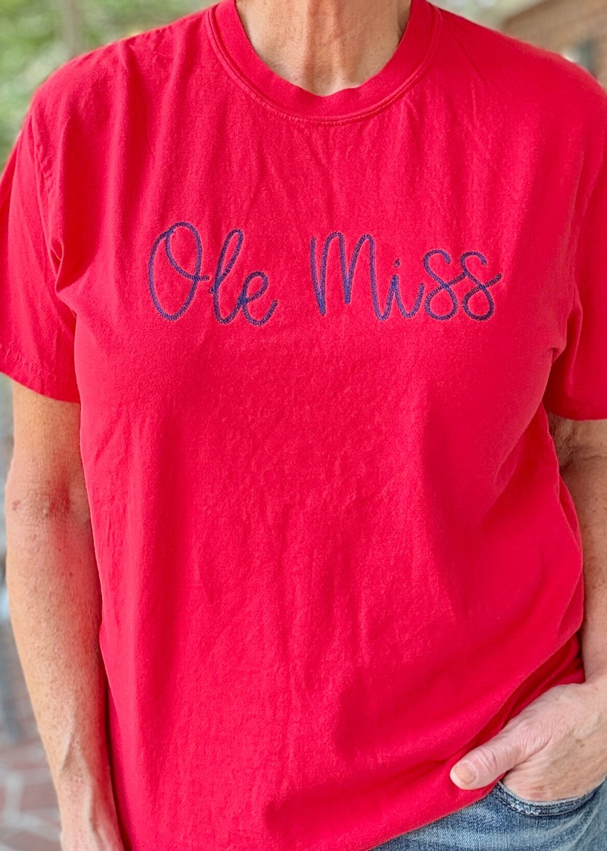 Ole Miss Chain Stitch Embroidered Tee - Embroidered Comfort Colors - Jimberly's Boutique - Olive Branch - Mississippi
