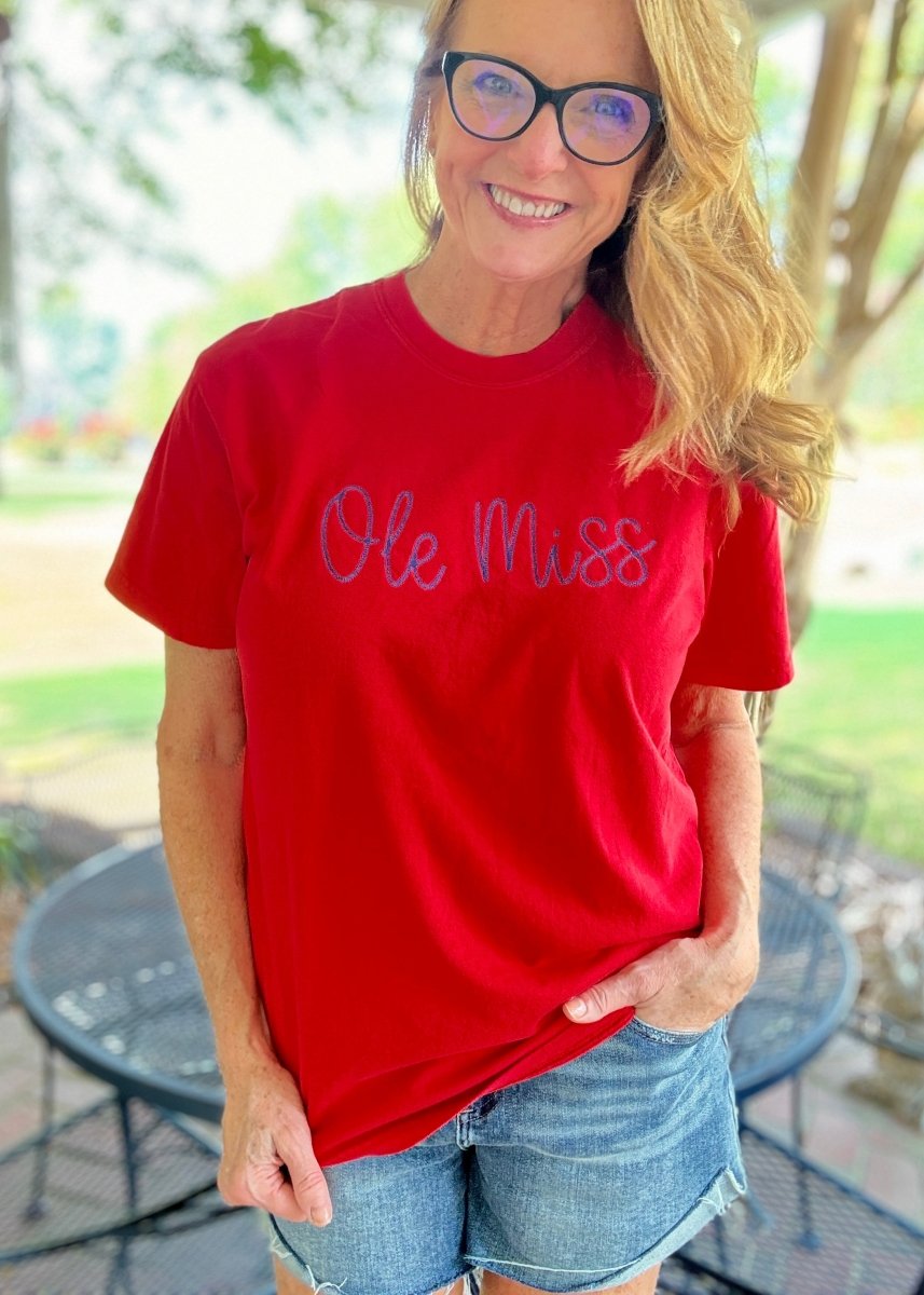 Ole Miss Chain Stitch Embroidered Tee - Embroidered Comfort Colors - Jimberly's Boutique - Olive Branch - Mississippi