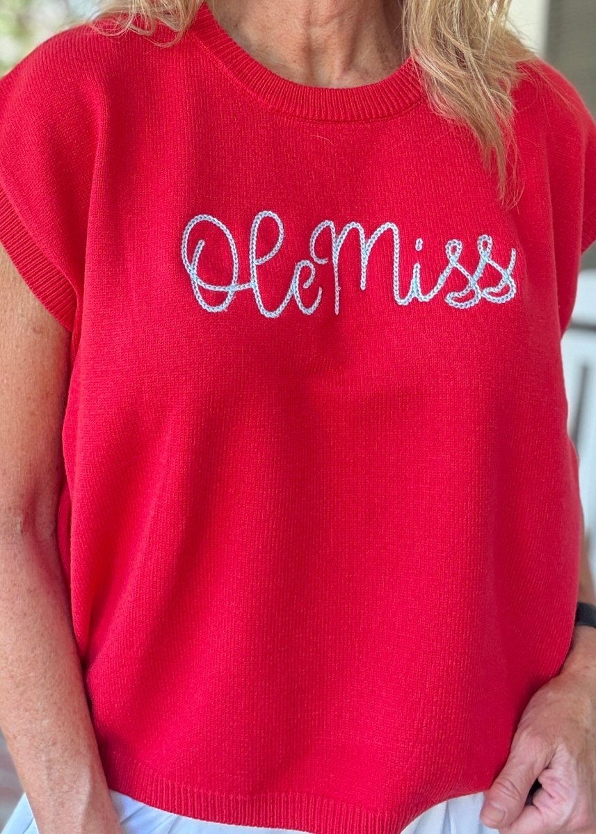 Ole Miss Embroidered Sweater Vest - Red w/Powder Blue - gameday - Jimberly's Boutique - Olive Branch - Mississippi