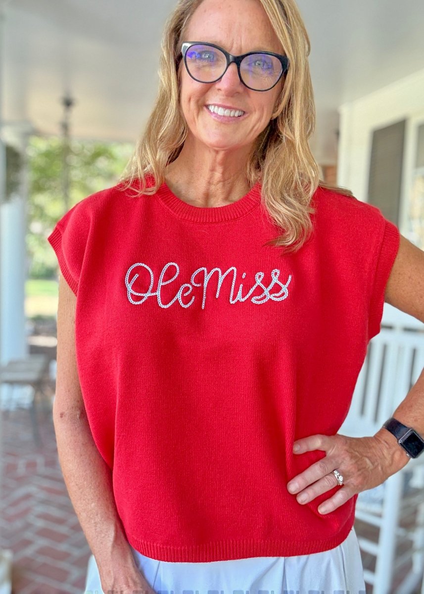 Ole Miss Embroidered Sweater Vest - Red w/Powder Blue - gameday - Jimberly's Boutique - Olive Branch - Mississippi