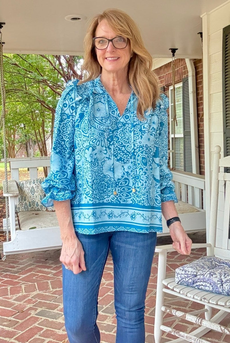Paisley Border Print Top - Slate Blue - Umgee Top - Jimberly's Boutique - Olive Branch - Mississippi