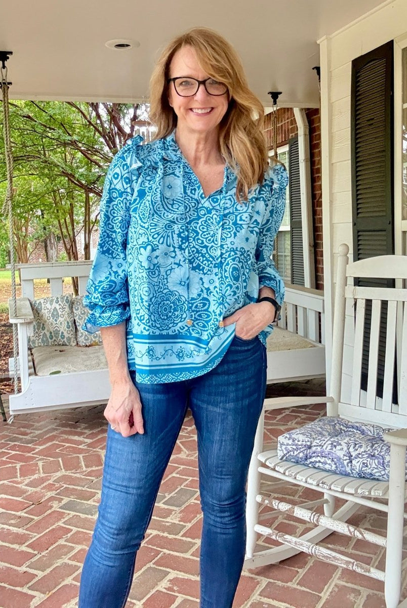 Paisley Border Print Top - Slate Blue - Umgee Top - Jimberly's Boutique - Olive Branch - Mississippi