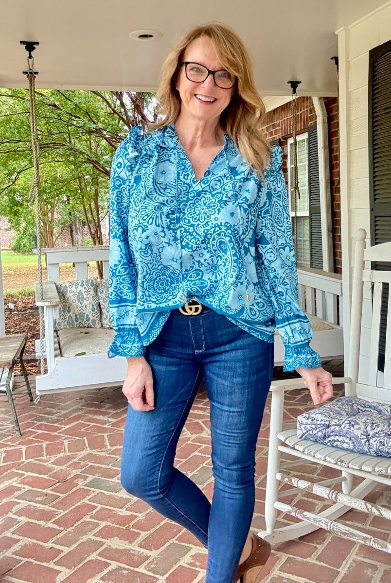 Paisley Border Print Top - Slate Blue - Umgee Top - Jimberly's Boutique - Olive Branch - Mississippi