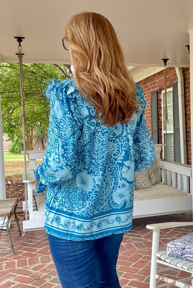Paisley Border Print Top - Slate Blue - Umgee Top - Jimberly's Boutique - Olive Branch - Mississippi