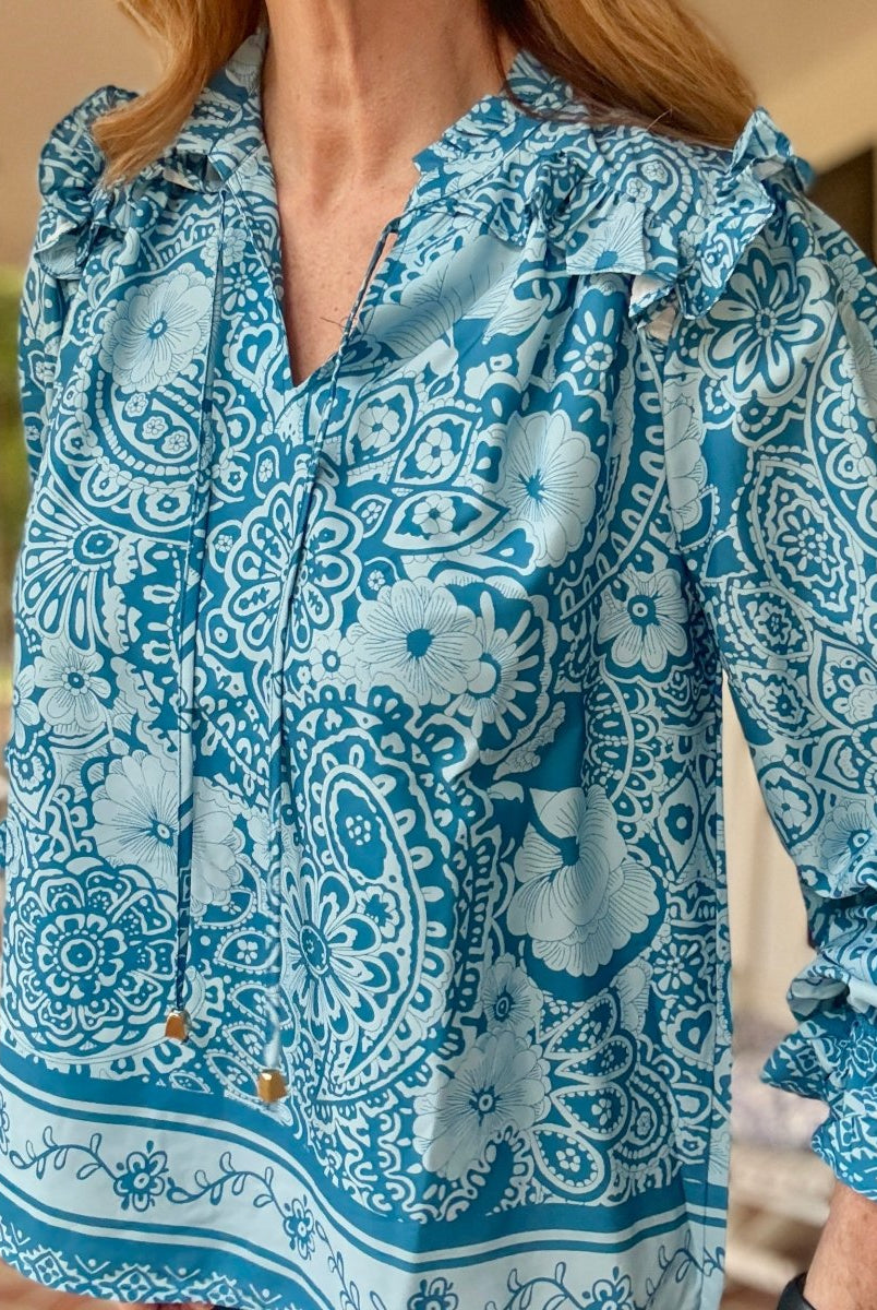 Paisley Border Print Top - Slate Blue - Umgee Top - Jimberly's Boutique - Olive Branch - Mississippi