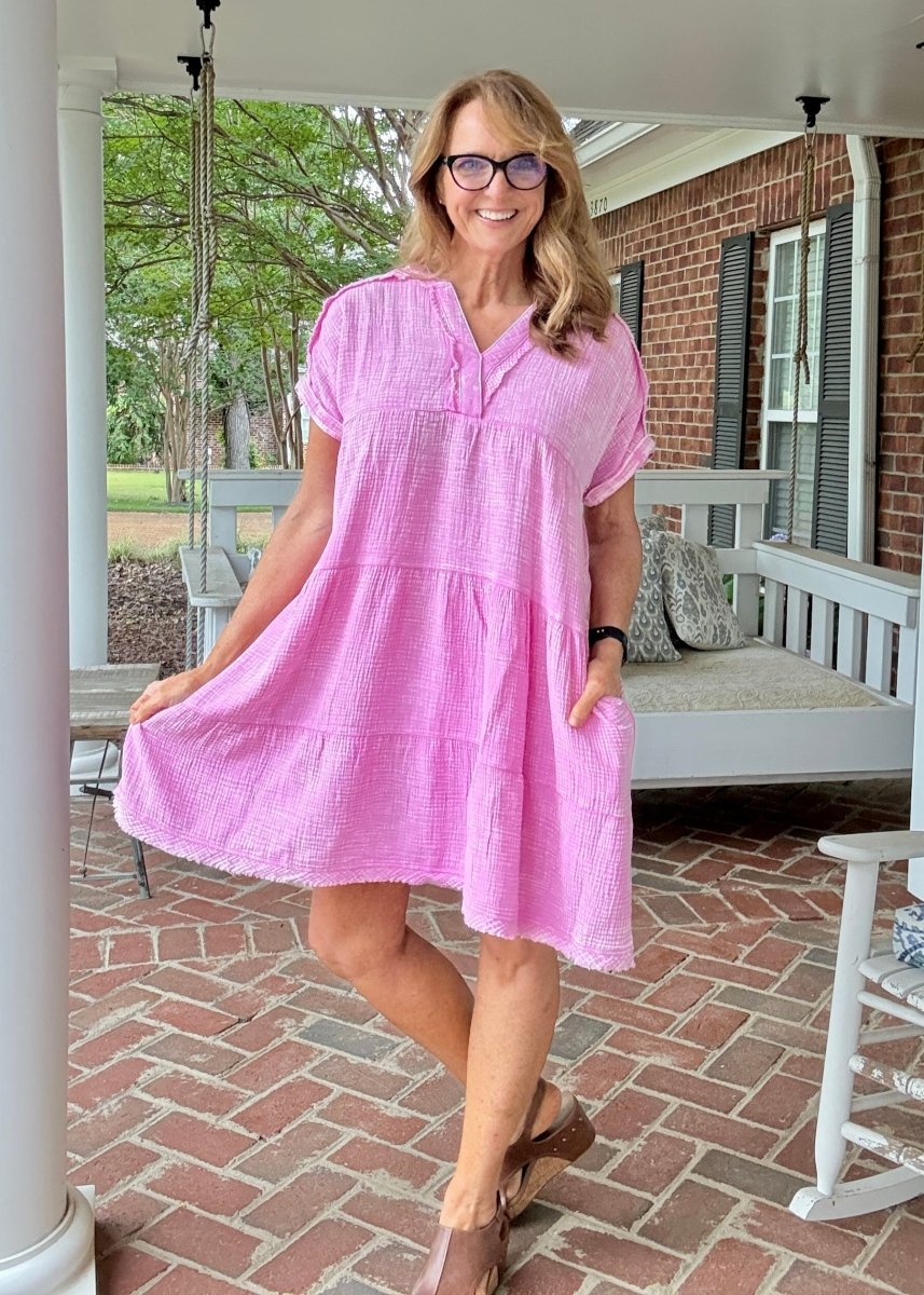 Pammie Gauze Raw Edge Dress - Bright Mauve - Casual Dress - Jimberly's Boutique - Olive Branch - Mississippi