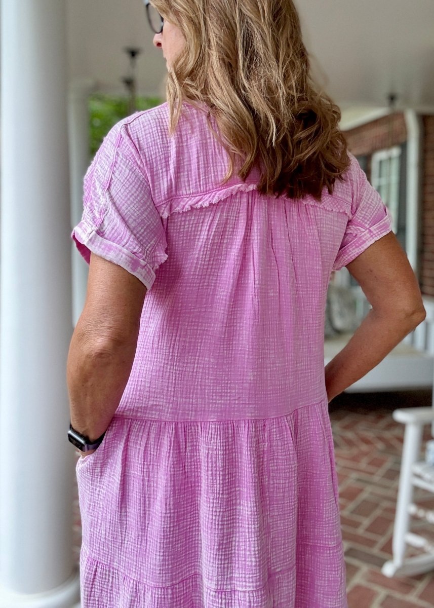Pammie Gauze Raw Edge Dress - Bright Mauve - Casual Dress - Jimberly's Boutique - Olive Branch - Mississippi