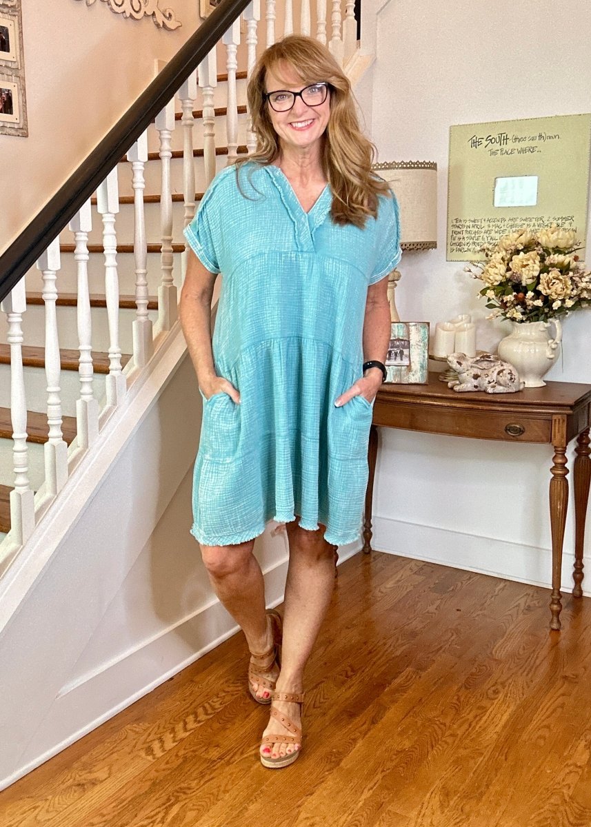Pammie Gauze Raw Edge Dress - Dusty Teal - Casual Dress - Jimberly's Boutique - Olive Branch - Mississippi