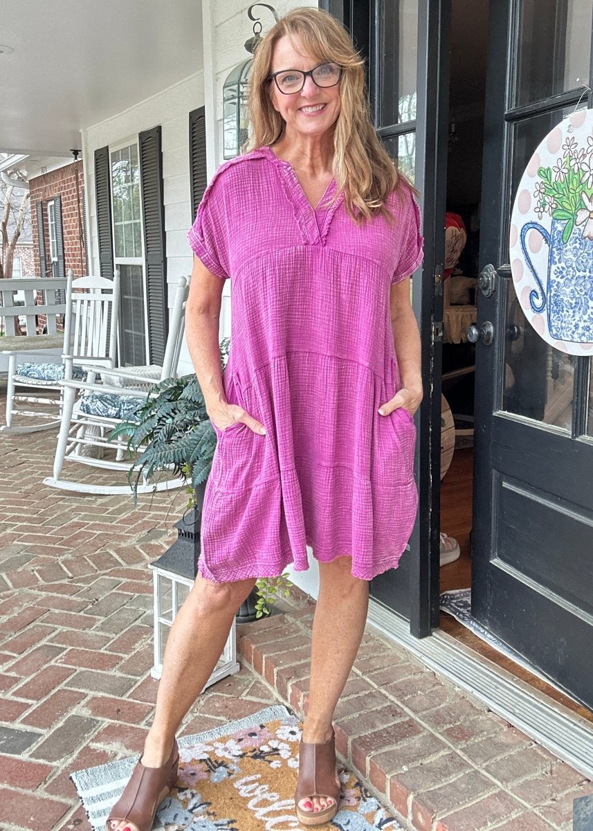 Pammie Gauze Raw Edge Dress - Lt Plum - Casual Dress - Jimberly's Boutique - Olive Branch - Mississippi