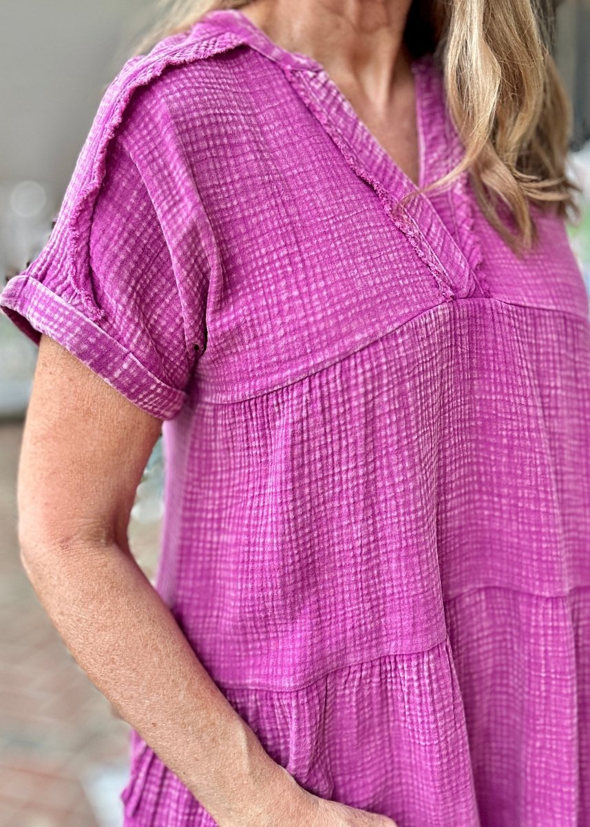 Pammie Gauze Raw Edge Dress - Lt Plum - Casual Dress - Jimberly's Boutique - Olive Branch - Mississippi