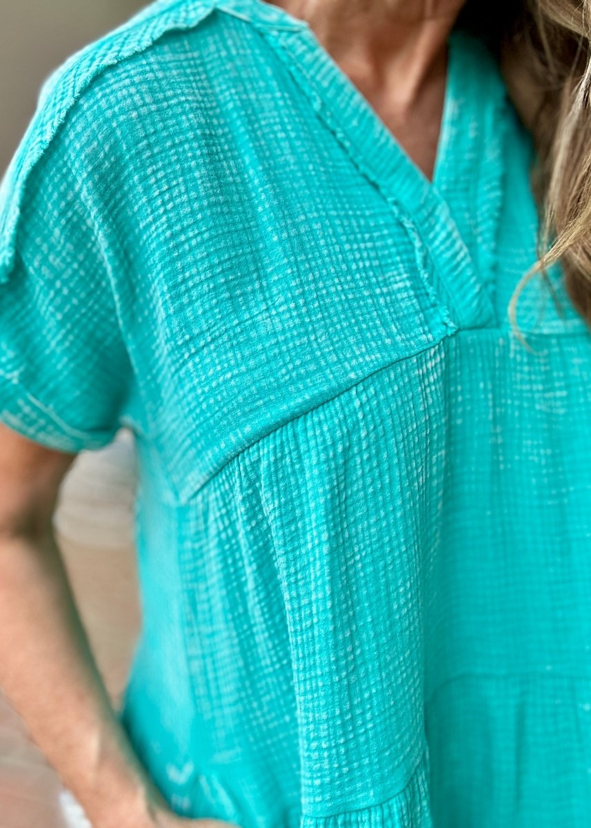 Pammie Gauze Raw Edge Dress - Turquoise - Casual Dress - Jimberly's Boutique - Olive Branch - Mississippi