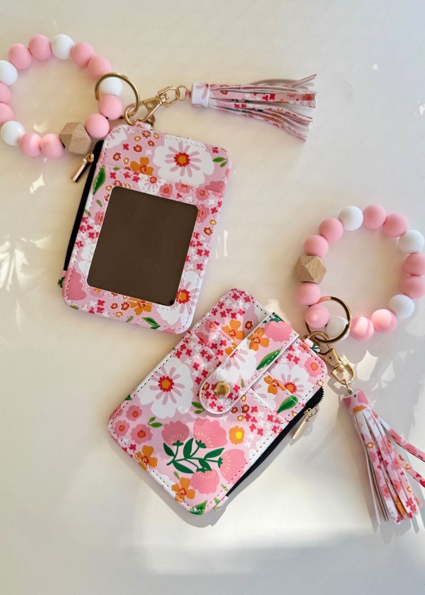 Pink Floral Wallet w/Beaded Wristlet Keychain - keychain wallet - Jimberly's Boutique - Olive Branch - Mississippi