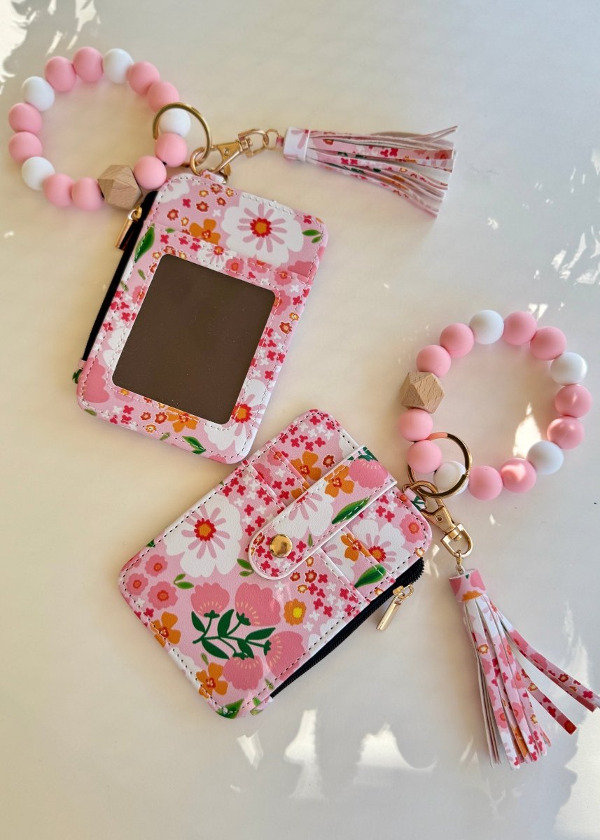 Pink Floral Wallet w/Beaded Wristlet Keychain - keychain wallet - Jimberly's Boutique - Olive Branch - Mississippi
